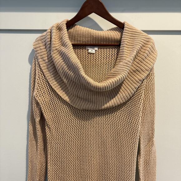 Cache Sweater Women Medium Gold Beige Cowl Neck Open Knit Mesh Pullover Shimmer - Picture 3 of 11